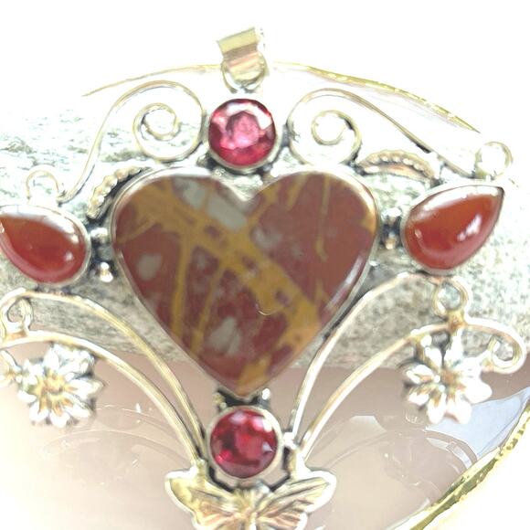 925 Sterling Norina Jasper & Carnelian Heart Pendant - Picture 2 of 6